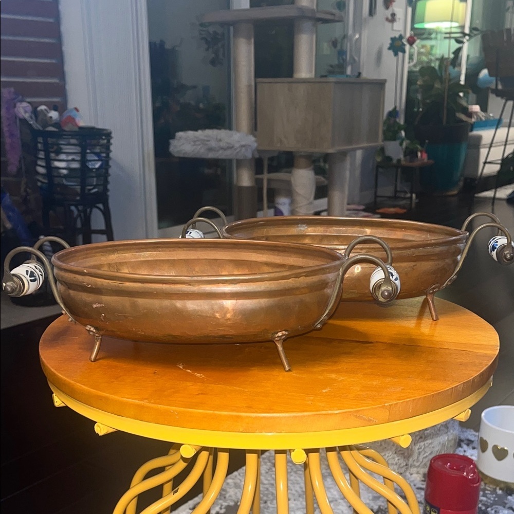 15" Wide Copper Oval Pot Hand Painted Cobalt & White Ceramic Handles.